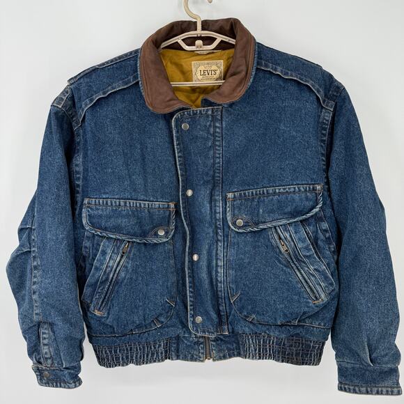 Levi's Vintage Westernwear Denim Jean Jacket Quilted Leather Collar Size Large - Picture 1 of 9
